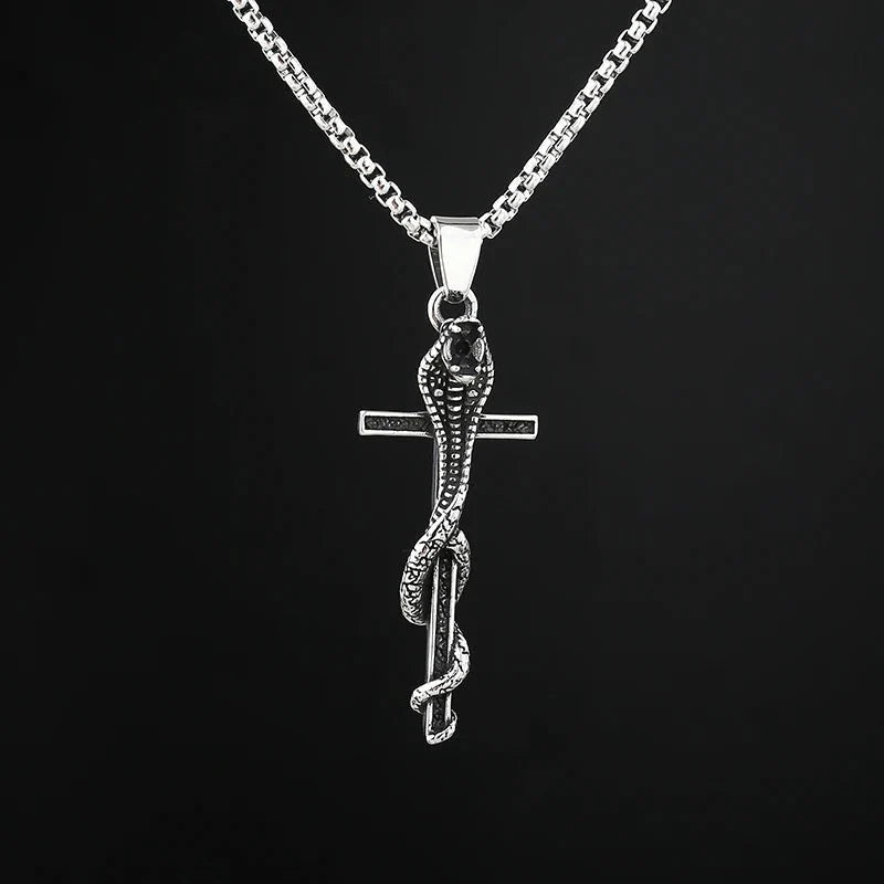 Cobra Snake Entwined Cross Pendant