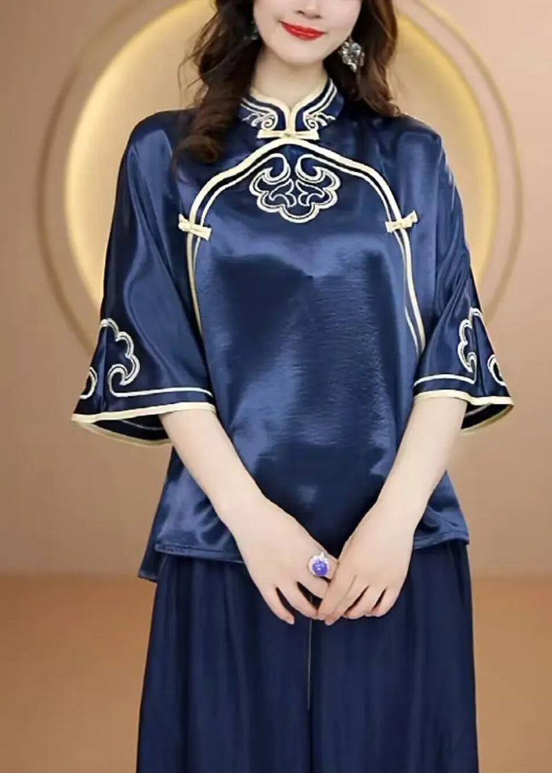 Navy Stand Collar Embroidered Silk Top Flare Sleeve