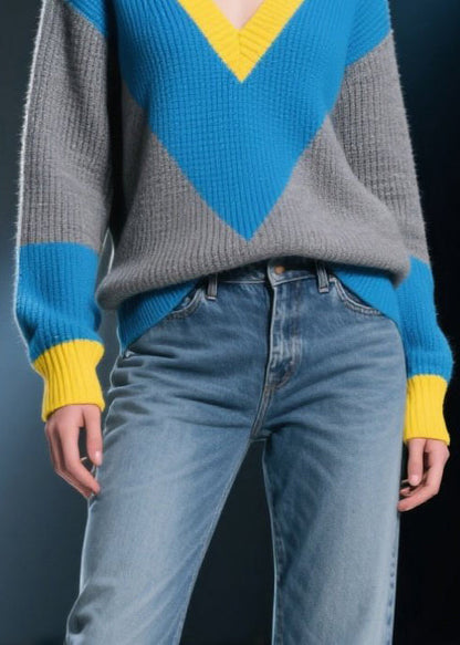 Mixed Color V Neck Patchwork Knit Pullover Winter