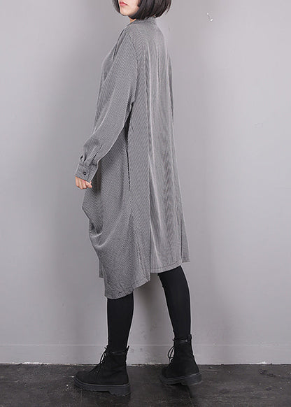 Grey O-neck Asymmetrical Striped Button Maxi Dress Fall