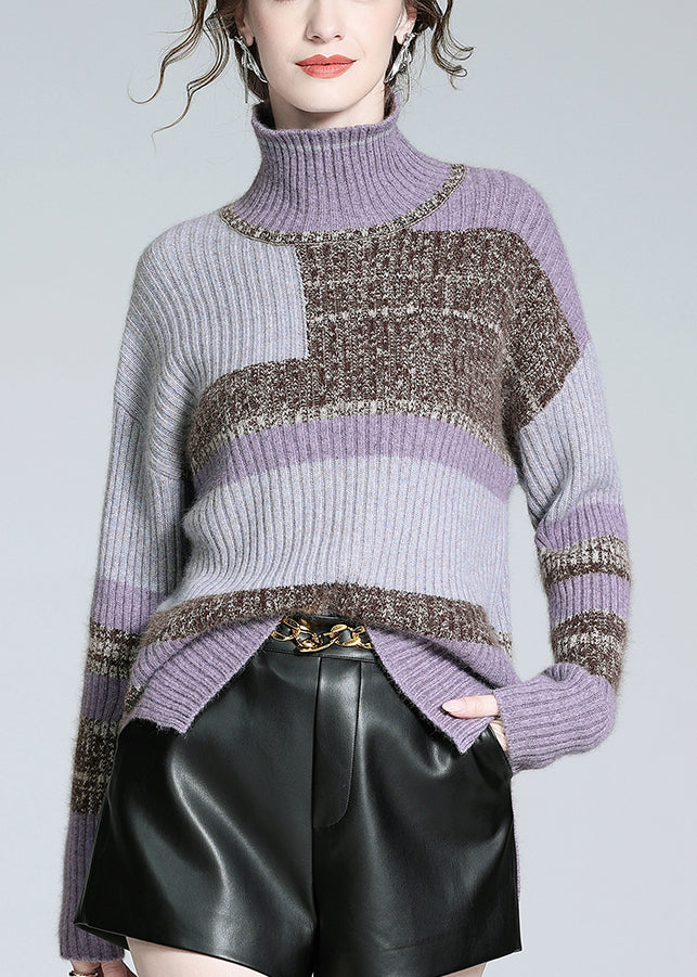 Brown Turtleneck Patchwork Cashmere Knit Sweaters Winter