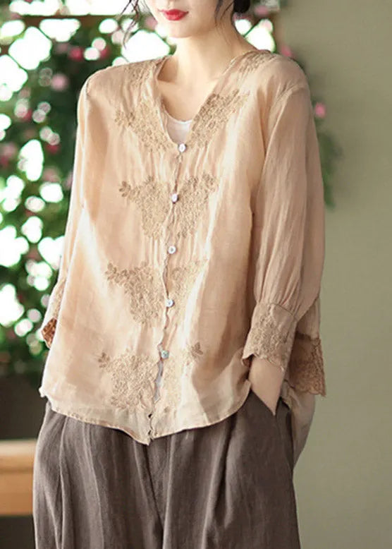 Khaki V Neck Embroideried Linen Shirt Long Sleeve