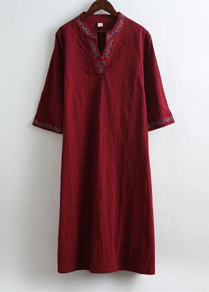Diy V Neck Spring Outfit Work Burgundy Embroidery Robes Dress