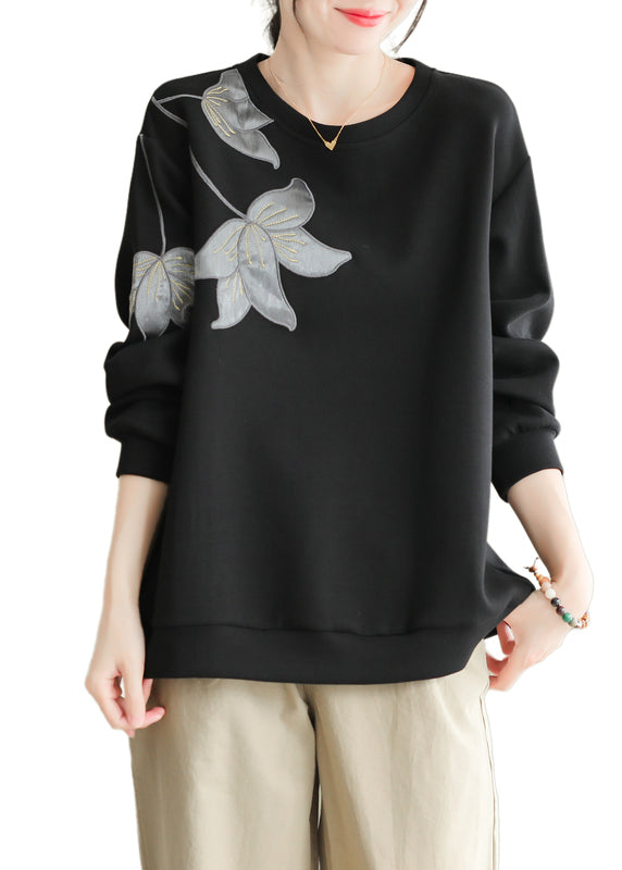Black O Neck Embroideried Cotton Pullover Sweatshirt Fall
