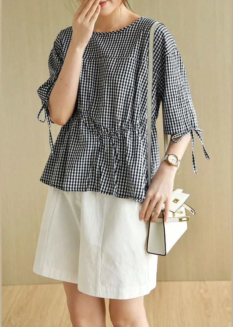 Stylish Black Plaid O-neck Asymmetrical Design Summer Tops Half Sleeve