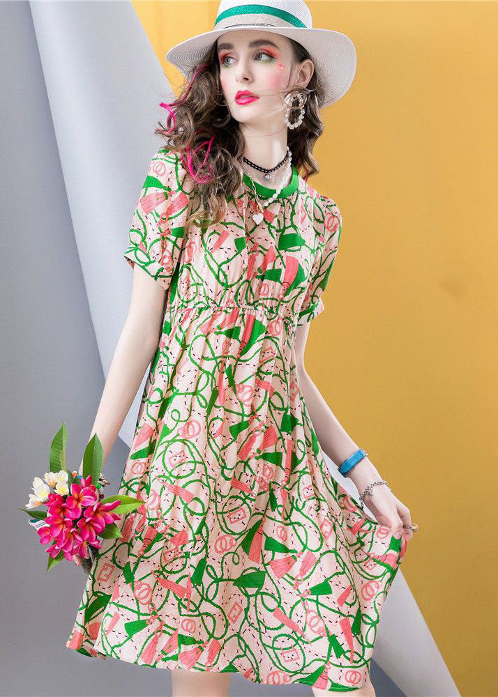 Green O Neck Print Patchwork Silk a Line Dresses Summer