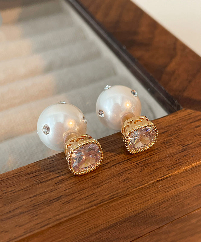 Brief White Copper Inlaid Zircon Pearl Stud Earrings