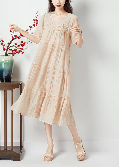Simple Beige O-neck Patchwork Wrinkled Linen Silk Long Dress Summer