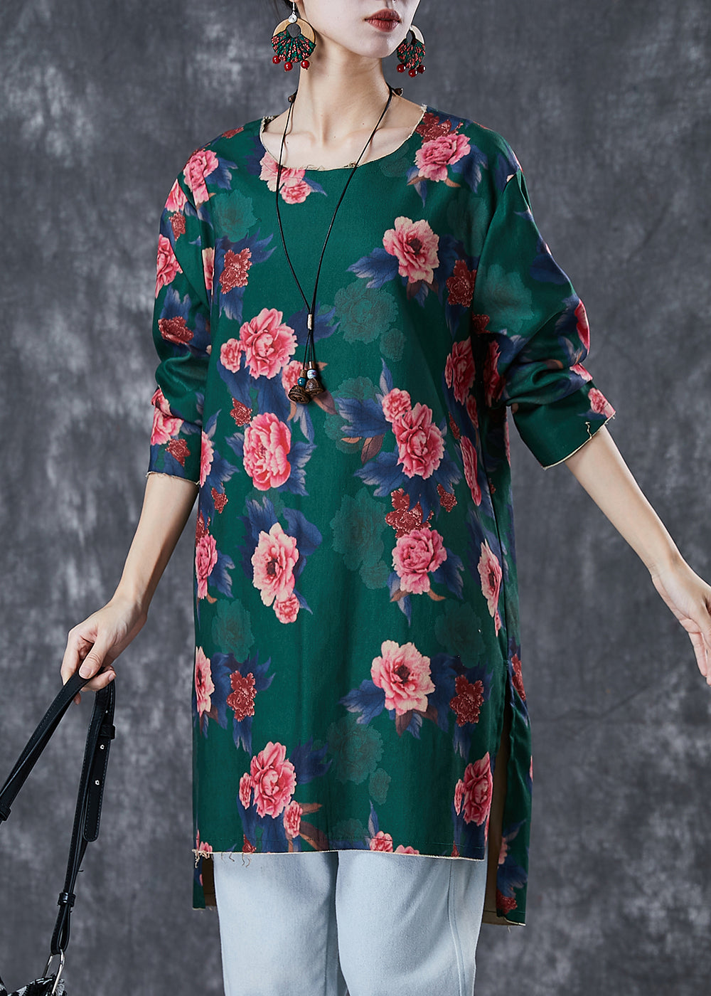 Green Print Linen Mini Dress Side Open Fall