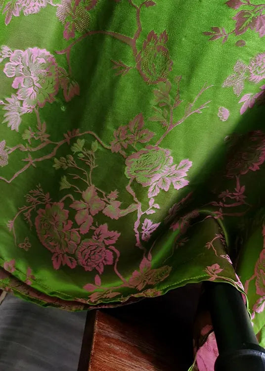Green Stand Collar Patchwork Jacquard Silk Tops Spring