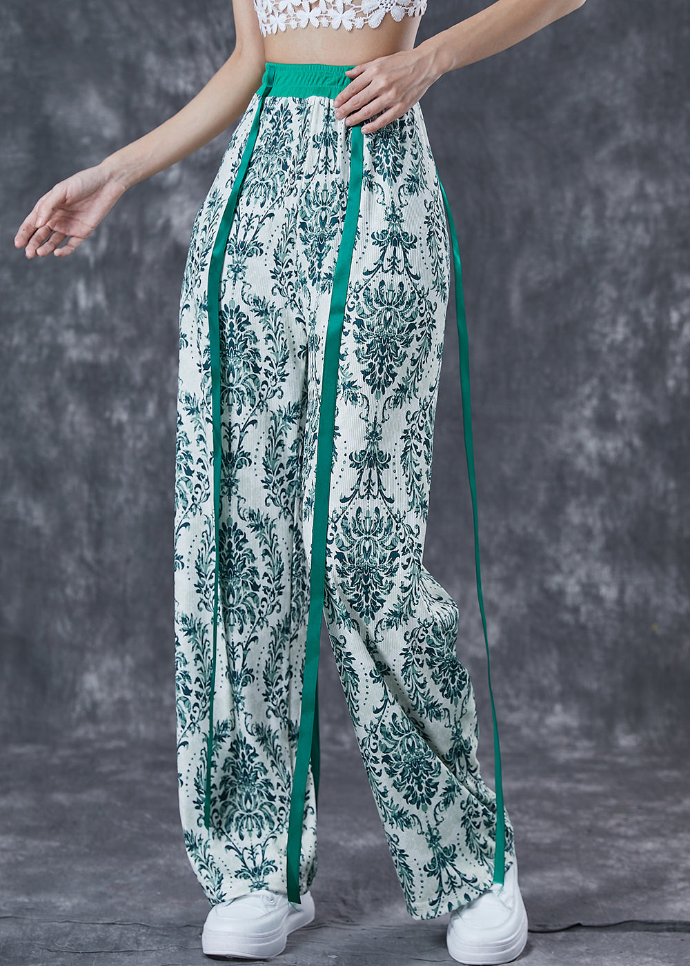Green Print Ribbon Cotton Straight Pants Fall