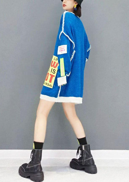 Natural Blue O-neck Patchwork Fall Long Knit Dress