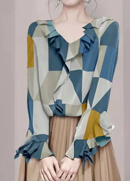 Colorblock V Neck Ruffled Chiffon Shirt Tops Long Sleeve