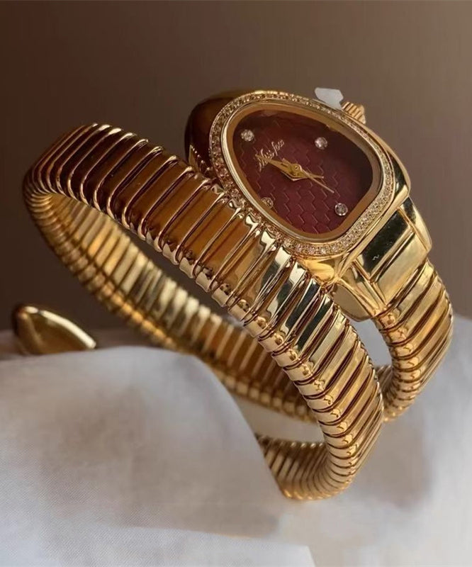 Fine Gold Stainless Steel Zircon Tempered Glass Serpentine Watches