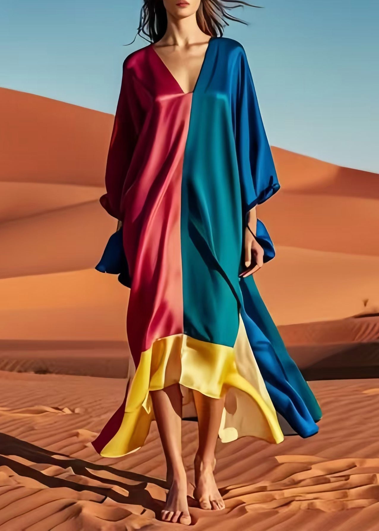 Original Design Colorblock Asymmetrical Patchwork Silk Vacation Dresses Fall