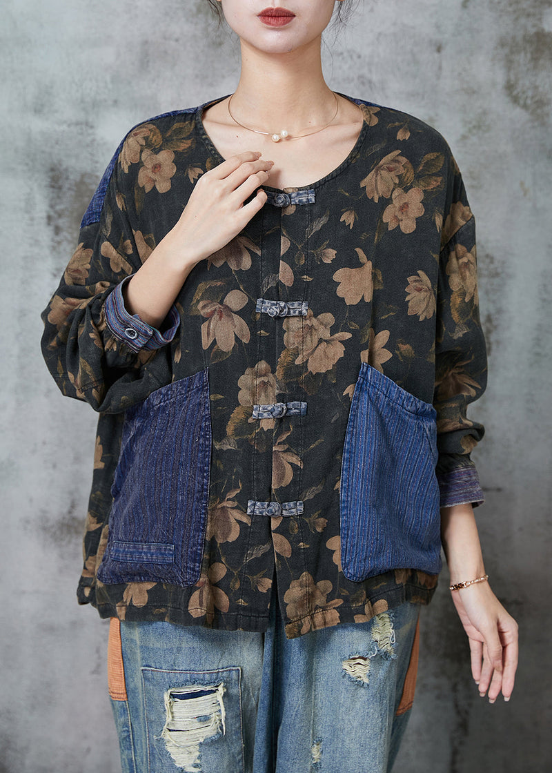 Black Print Patchwork Pockets Linen Blouses Spring