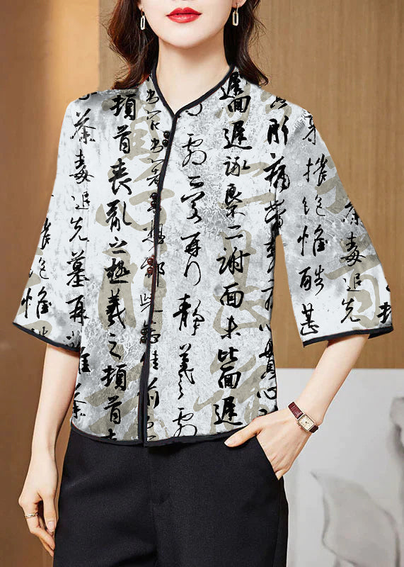 White Text Mandarin Collar Print Silk Shirt Tops Half Sleeve