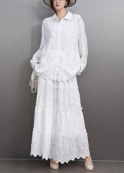 Boutique White Embroidered Lace Shirts and Maxi Skirts Two Pieces Set Flare Sleeve