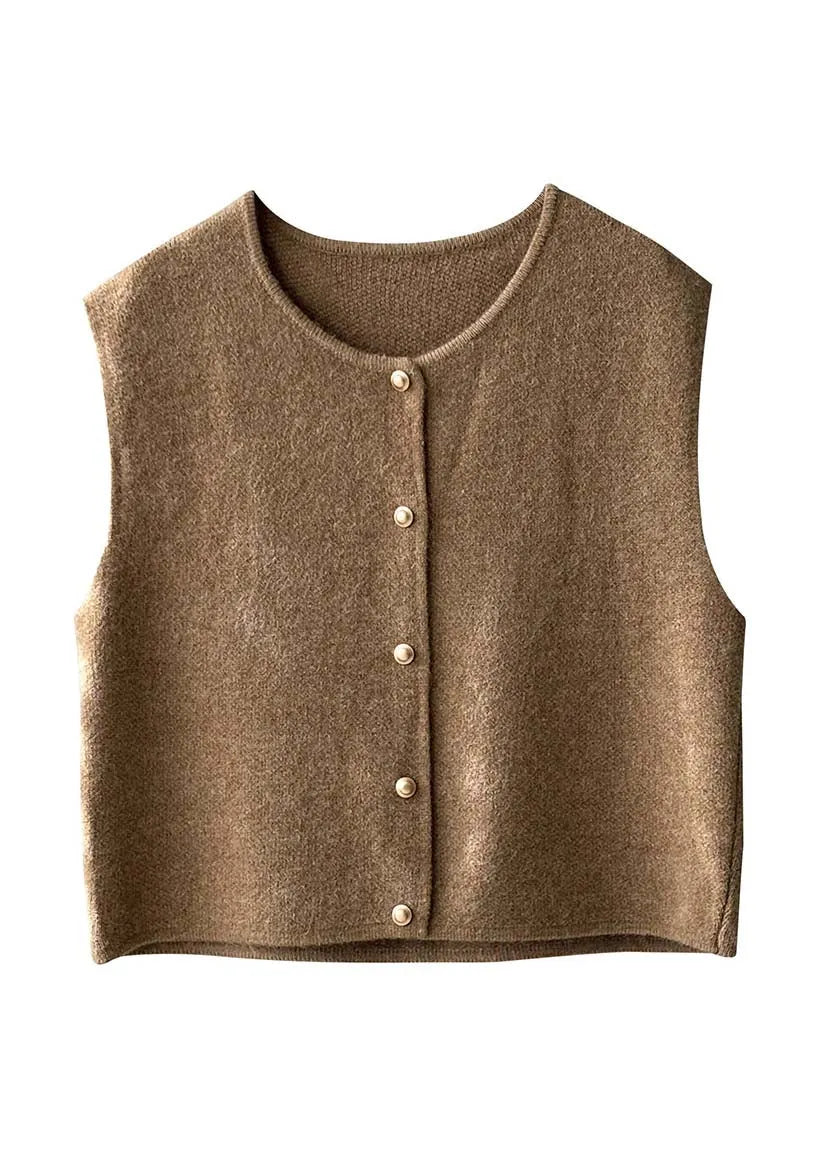 Khaki O Neck Button Knit Vest Tops Sleeveless