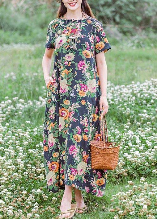 Style Navy Print Tunics Chinese Button Traveling Summer Dress