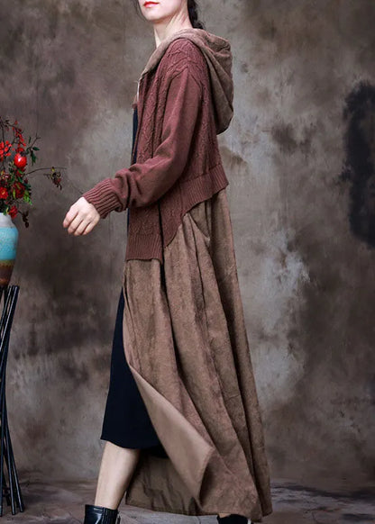 Chocolate Zippered Drawstring Hooded Patchwork Knit Coats Spring