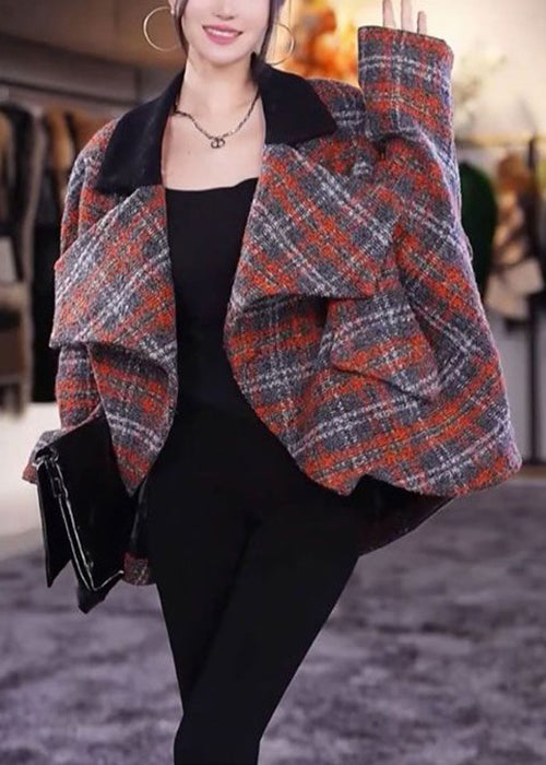Plaid Peter Pan Collar Pockets Woolen Coats Long Sleeve