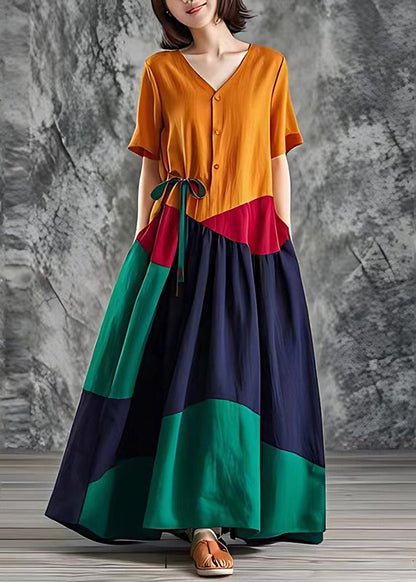 Orange Oversized Patchwork Cotton Maxi Dresses Summer