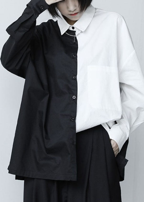 French Black Patchwork White Button Fall Long Sleeve Shirt Tops