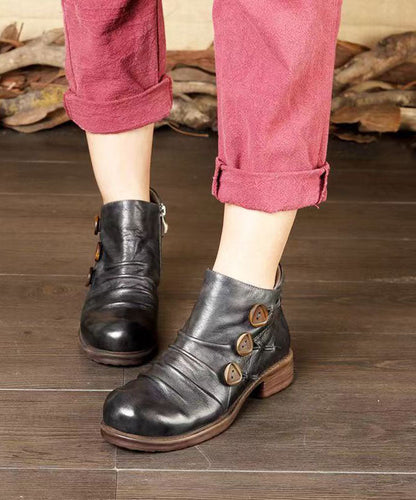 Zippered Splicing Chunky Boots Grey Cowhide Leather