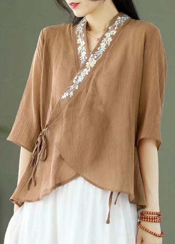Light Coffee Embroideried Lace Up Patchwork Cotton Top Half Sleeve
