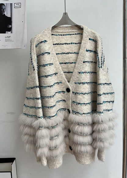 Beige Button Fluffy Patchwork Spring Knit Cardigan V Neck
