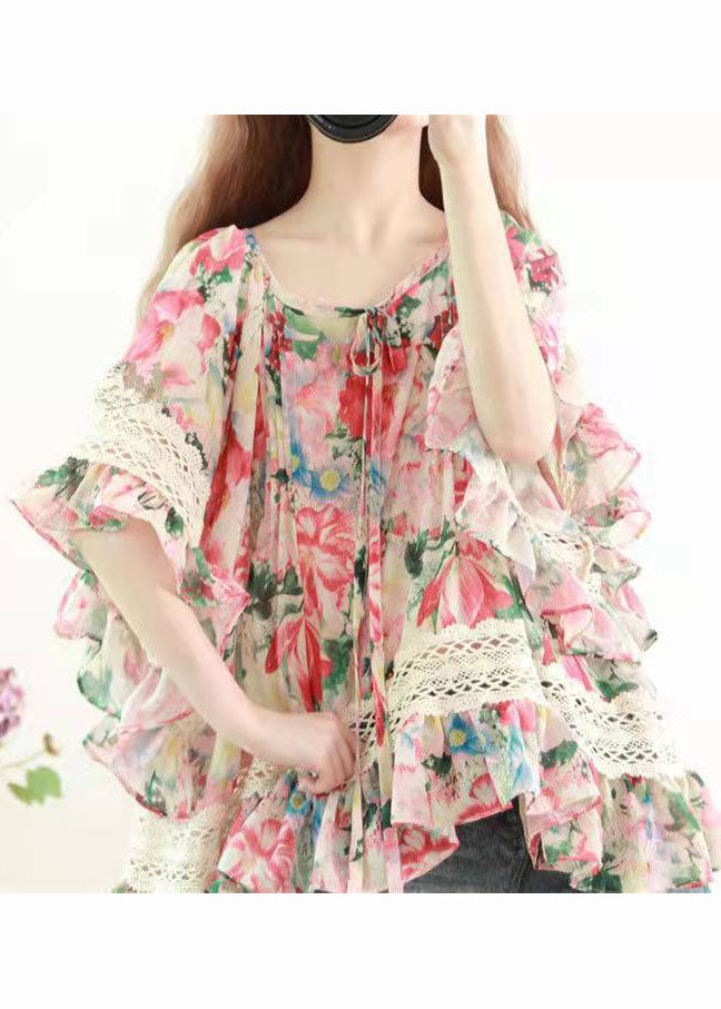 Diy Print Lace Chiffon Blouses Flare Sleeve