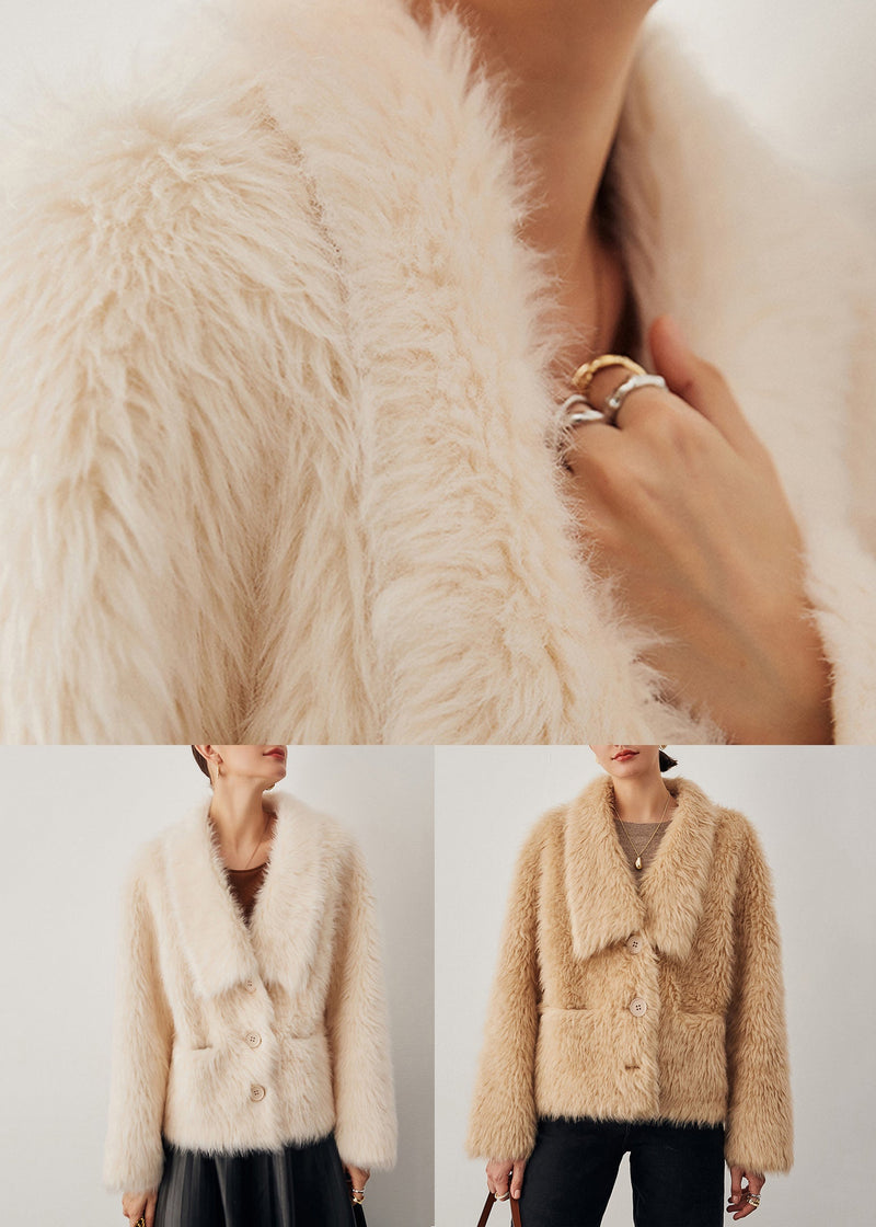 Light Camel Pockets Woolen Winter Coats V Neck