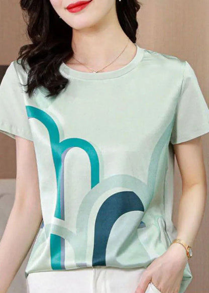 White O-neck Original Design Print Silk Tops Summer