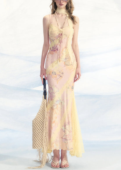 Pink Print Lace Patchwork Spaghetti Strap Dress V Neck Summer