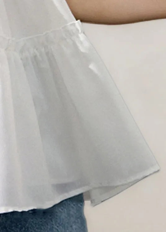 White O-neck Ruffled Cotton Tanks Sleeveless
