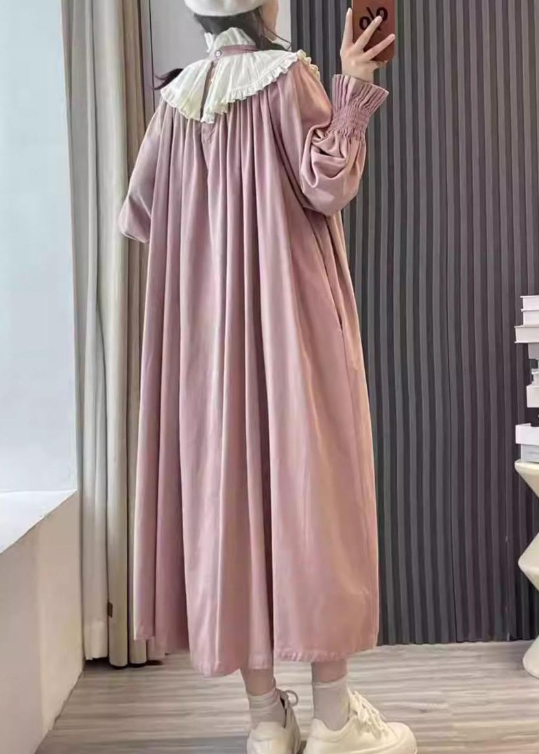 Pink Ruffled Patchwork Cotton Long Dresses Spring