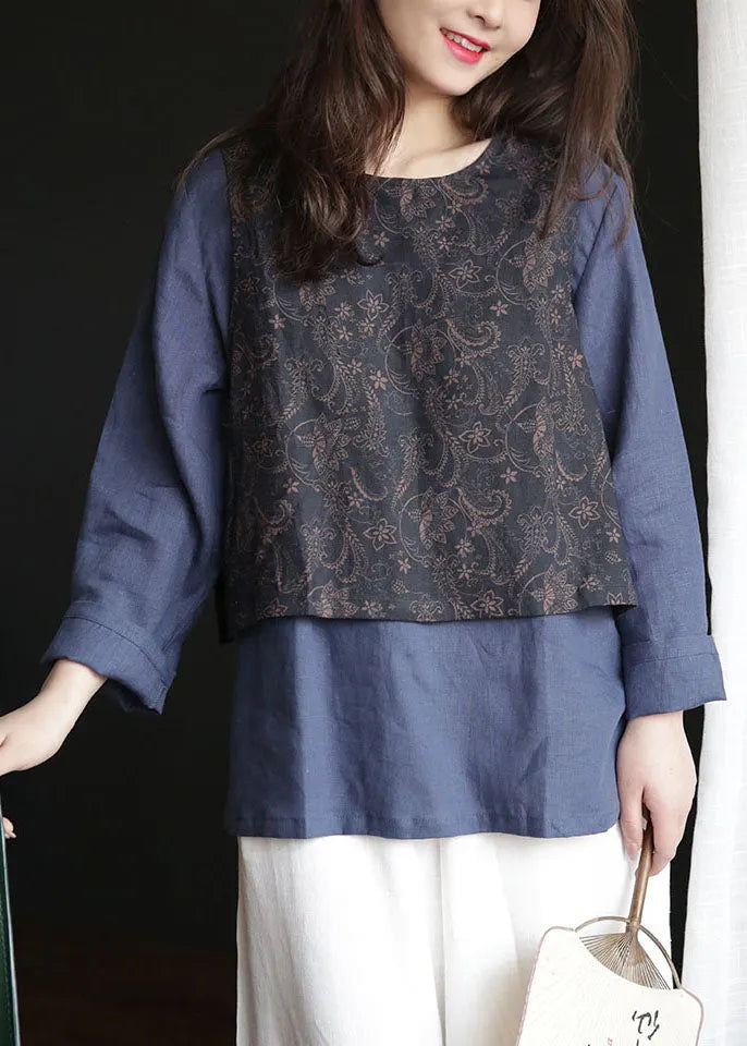 French Navy O-neck Patchwork Tie Waist Linen Fake Two Piece Shirt Tops Spring