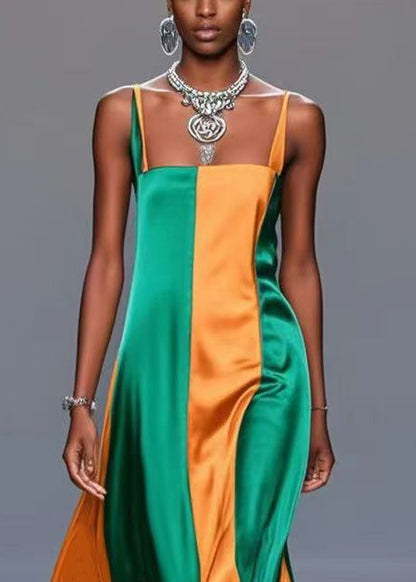 Style Colorblock Patchwork Wrinkled Silk Cami Dresses Summer