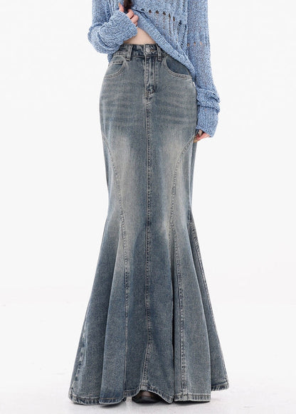 Blue Button Original Design Fishtail Skirts High Waist Fall