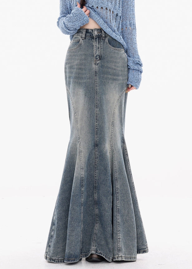 Blue Button Original Design Fishtail Skirts High Waist Fall
