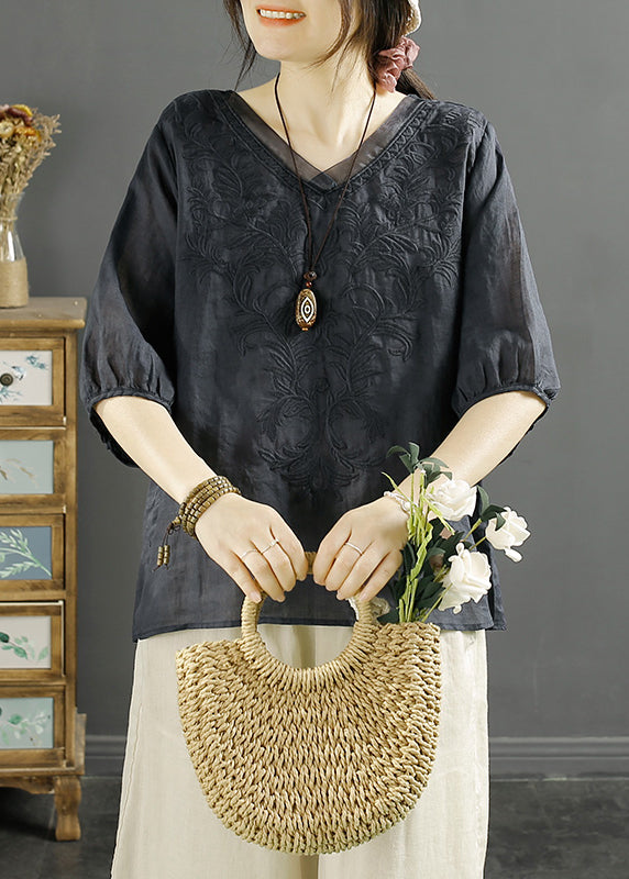 Original Orange V Neck Embroideried Tulle Patchwork Linen Top Summer