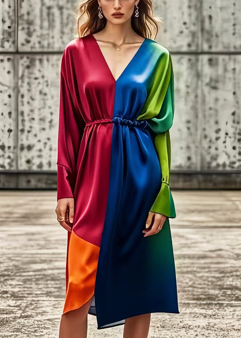 Diy Colorblock V Neck Patchwork Tie Dye Silk Dress Spring