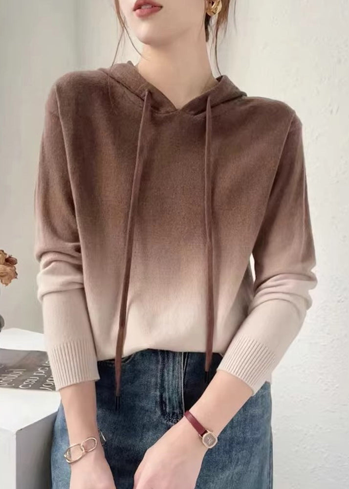 New Blue Gradient Color Hooded Patchwork Wool Knit Sweaters Fall