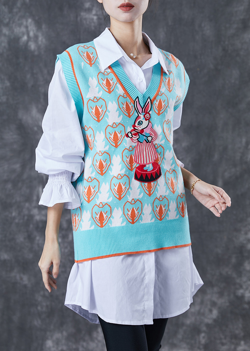 Organic Sky Blue V Neck Print Knit Vest and Shirt Two Pieces Set Spring