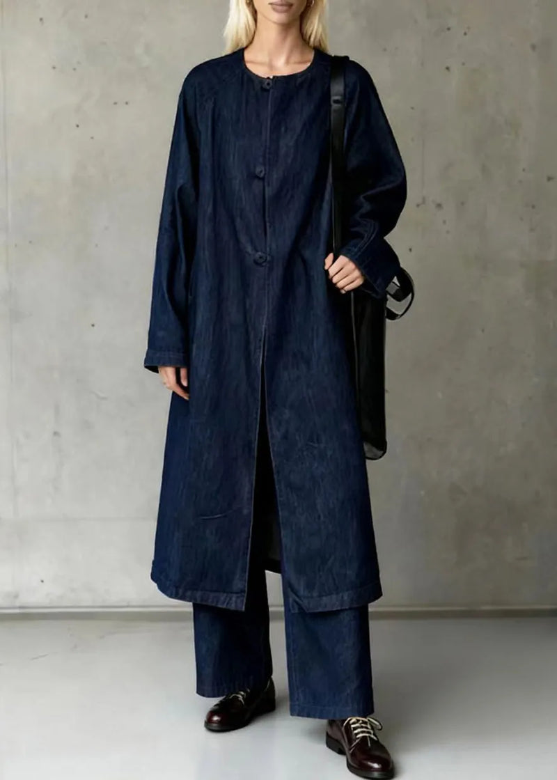 Navy Oversized Side Open Denim Two Piece Suit Set Spring