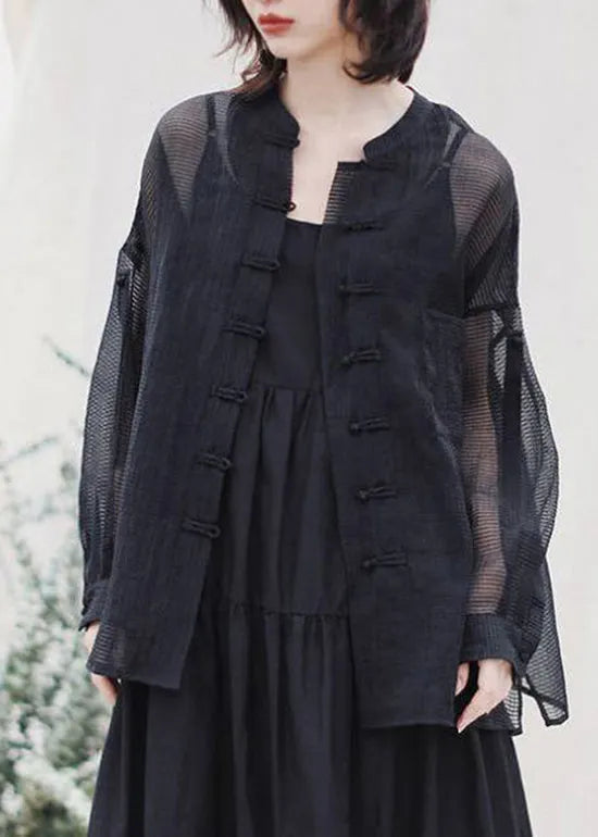 Chinese Style Black Mandarin Collar Button Pockets Tulle Coat Spring