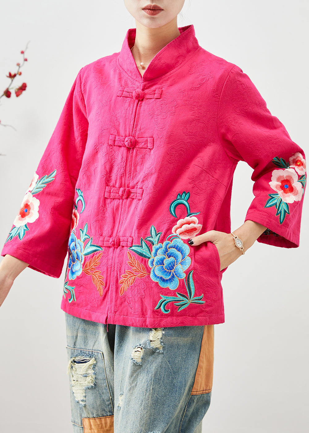Rose Embroideried Jacquard Chinese Button Cotton Jackets Fall