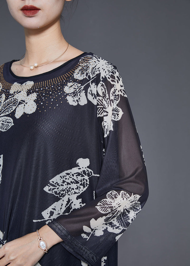 Black Oversized Print Silk Shirts Spring