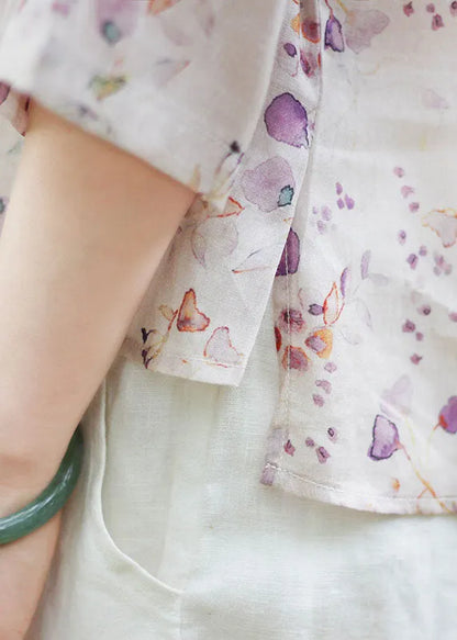 Light Purple O-neck Button Print Linen Blouse Top Spring